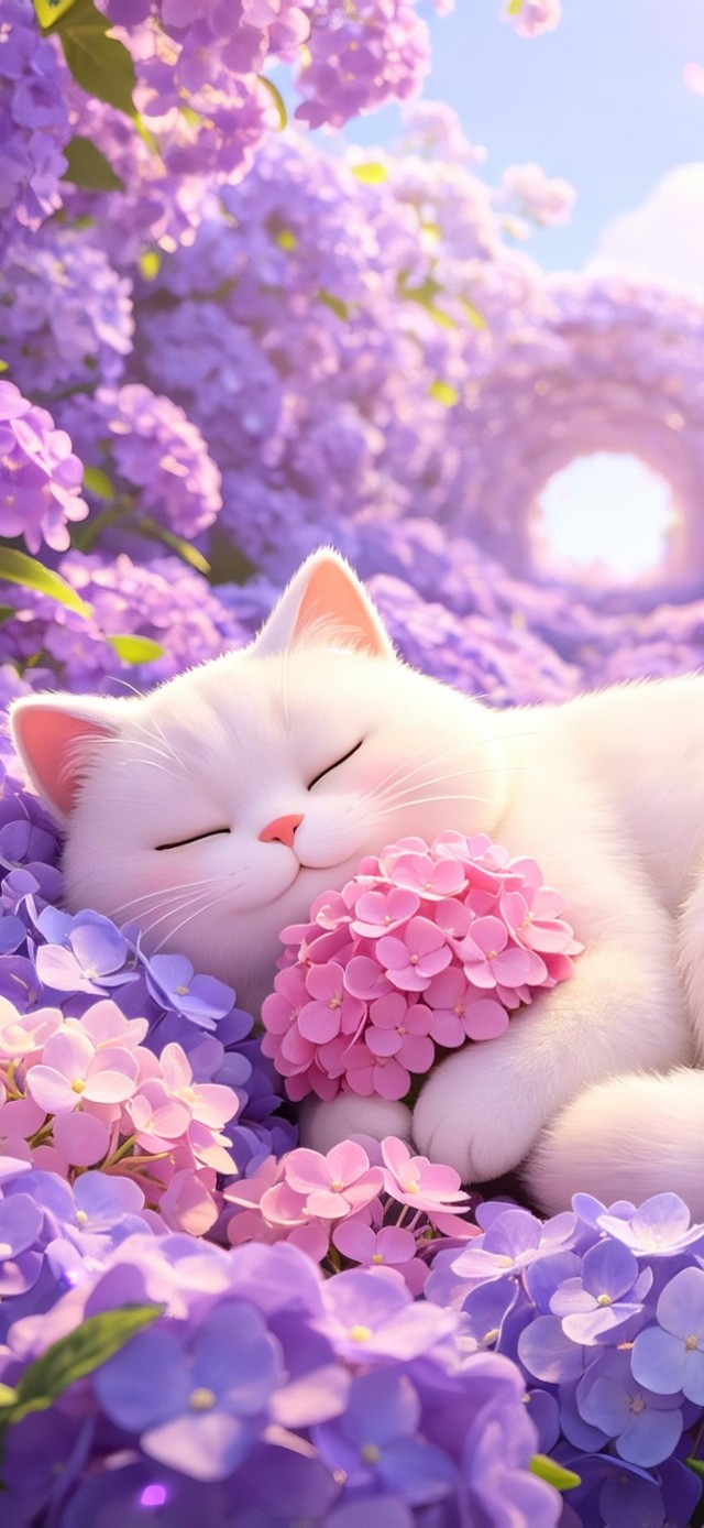 绣球花海酣睡的猫咪