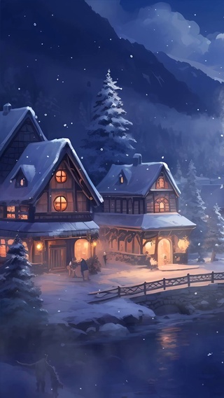 夜景雪景树木房屋河流