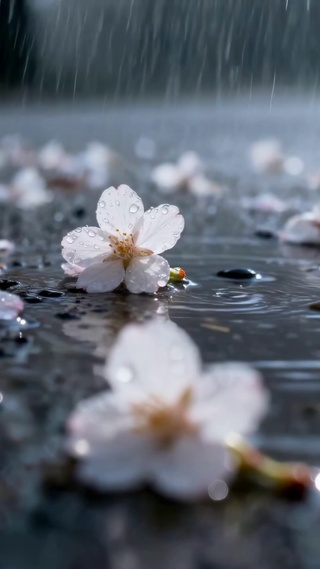 雨天落樱唯美风景