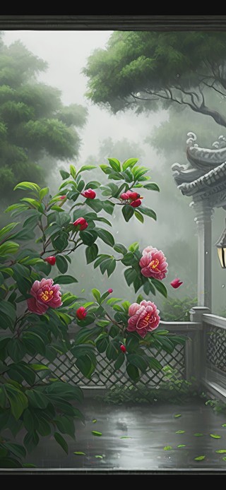 庭前牡丹探雨帘