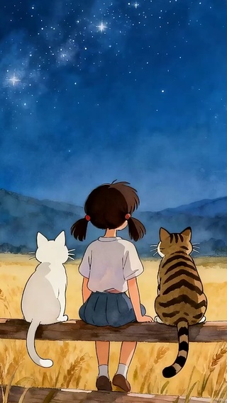 夜景星空女孩与猫咪