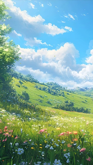 护眼蓝天白云树木草地