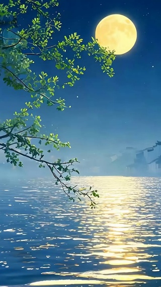 夜景树木河流