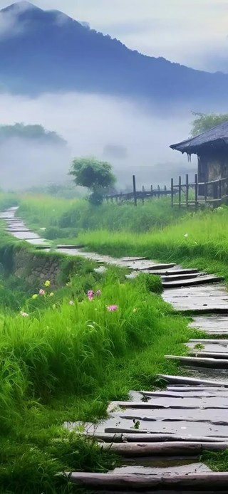 雨天小路鲜花