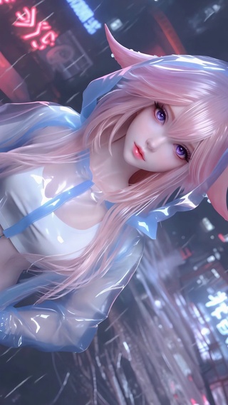 雨夜霓虹下的狐耳少女