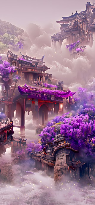 开满紫色花朵的古建筑