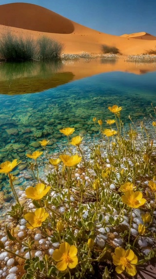 沙海嵌翠镜，黄花照水开