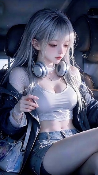 房车内惬意喝茶听歌的少女