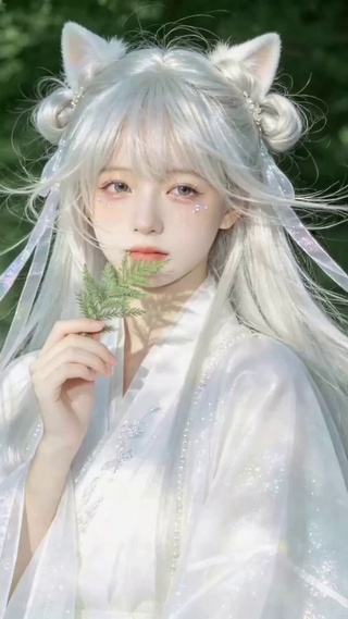 林间白发猫耳古风少女
