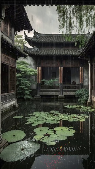 庭院雨景