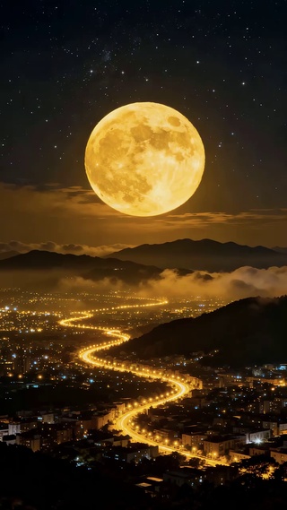 月亮下城市风光