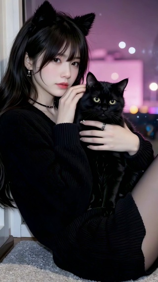 夜景窗边猫耳美女抱黑猫