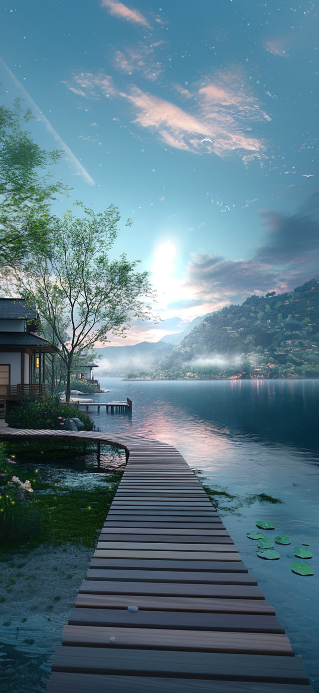 栈道湖景傍晚(风景手机动态壁纸) - 风景手机壁纸下载 - 元气壁纸