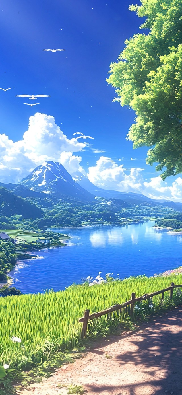 巨树小路湖景蓝天白云