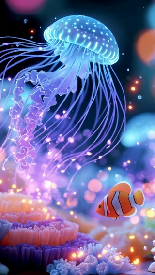 梦幻唯美发光深海水母世界