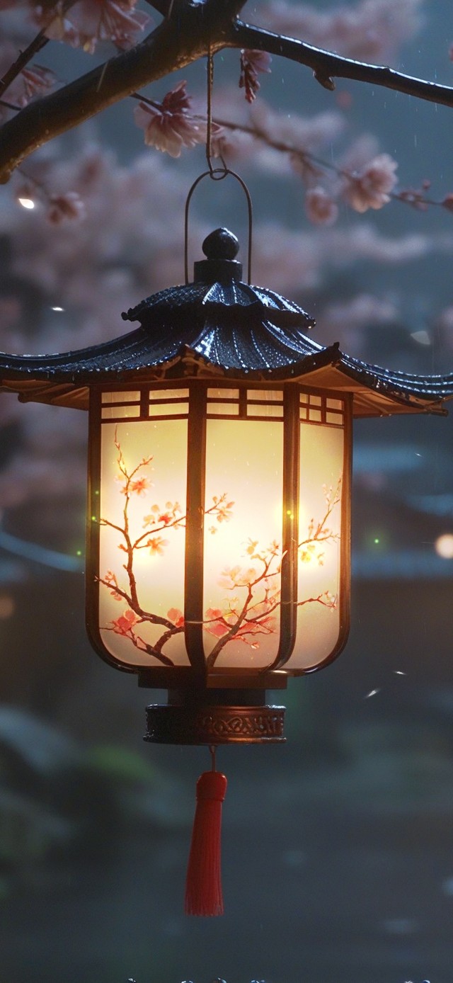 雨中樱花树下灯笼