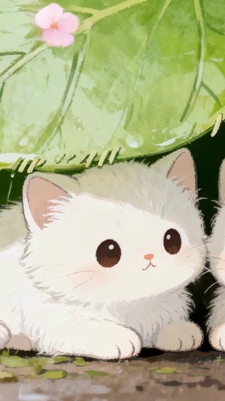 雨天治愈两小只猫咪在树叶下躲雨