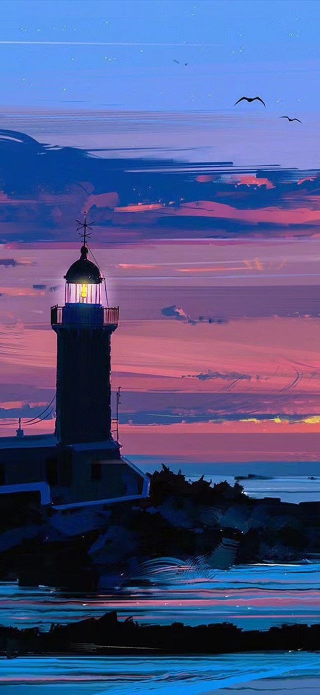 孤灯 夕阳海景