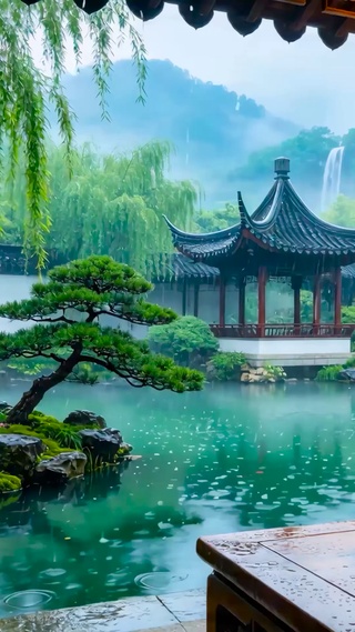 国风园林雨景