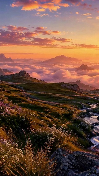 日出山间云海溪流风景