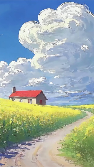 蓝天白云油菜花小路