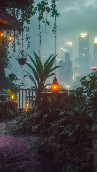 科幻雨夜城市天台