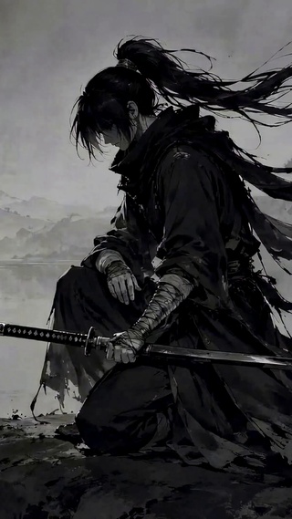 古风月夜水墨武士
