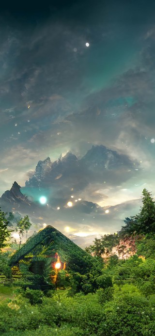 奇幻绿野湖边木屋