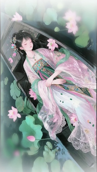 荷塘眠舟少女