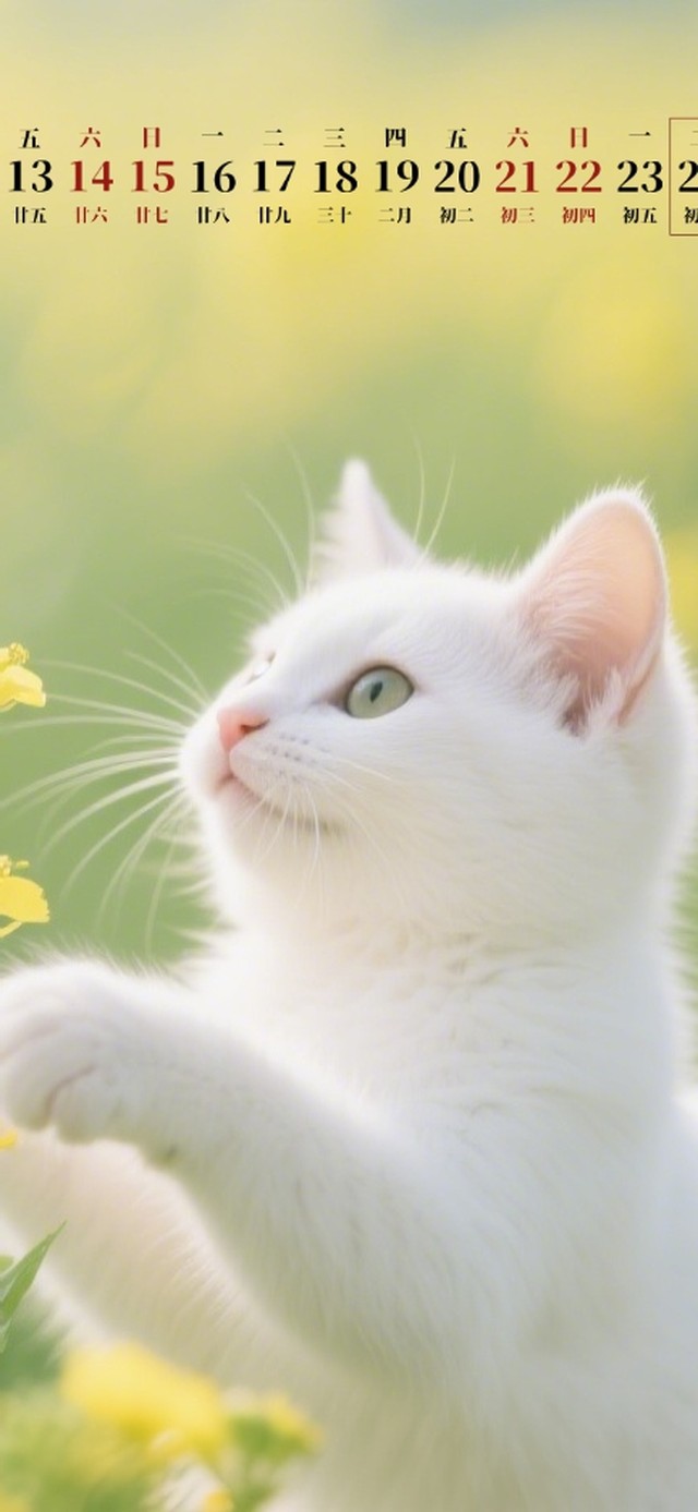 可爱小白猫在油菜花中玩耍