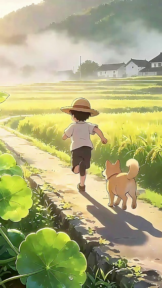 田园西瓜地的小孩与狗