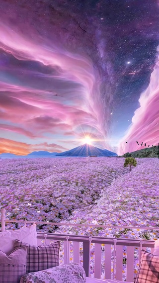 浪漫极光下的花海