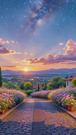 星空黄昏花径小镇治愈风景