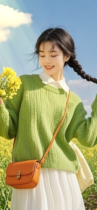花漾壁纸|油菜花田绿衣少女
