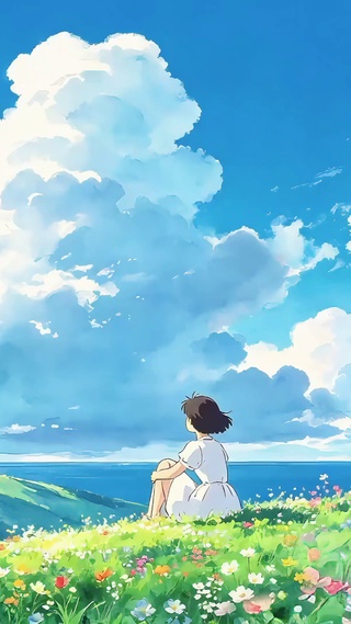 山坡上看风景的少女