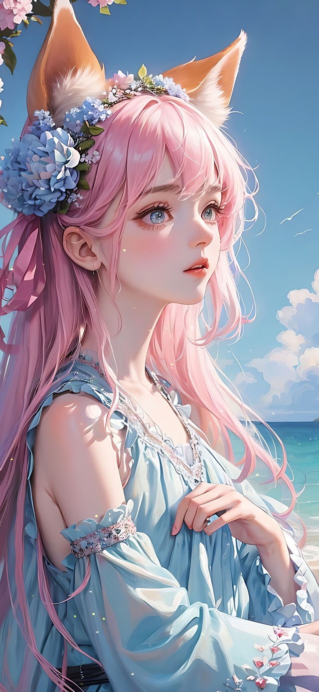 海边的狐耳红发少女