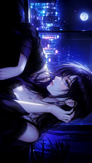 月夜窗边紫发二次元美少女
