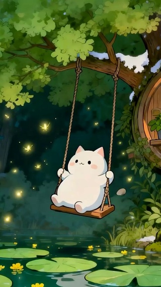 夜景森林荡秋千猫咪