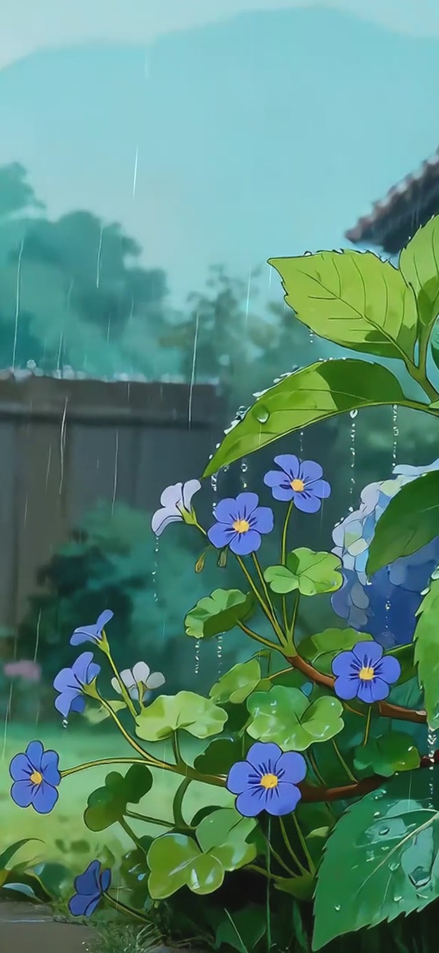 雨中绣球花