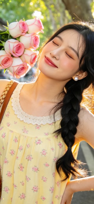 花漾壁纸|街头花束的黄裙少女