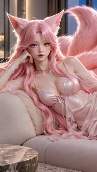 侧卧粉发九尾狐少女