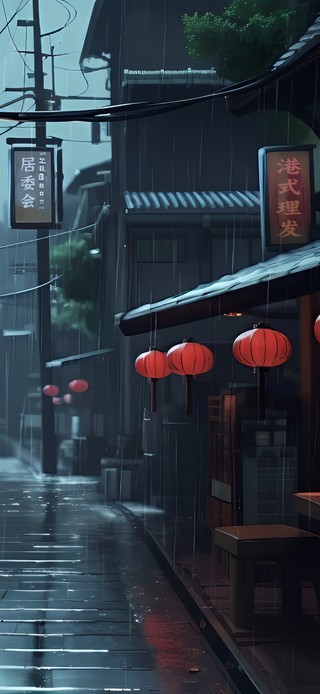 清晨雨中小镇街道