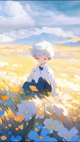 花地上的忧郁小男孩