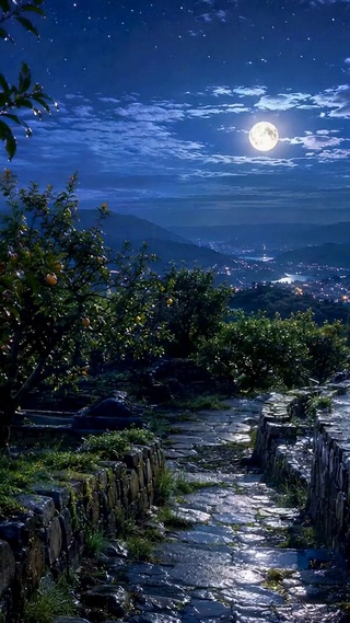月夜星空山间果园唯美夜景