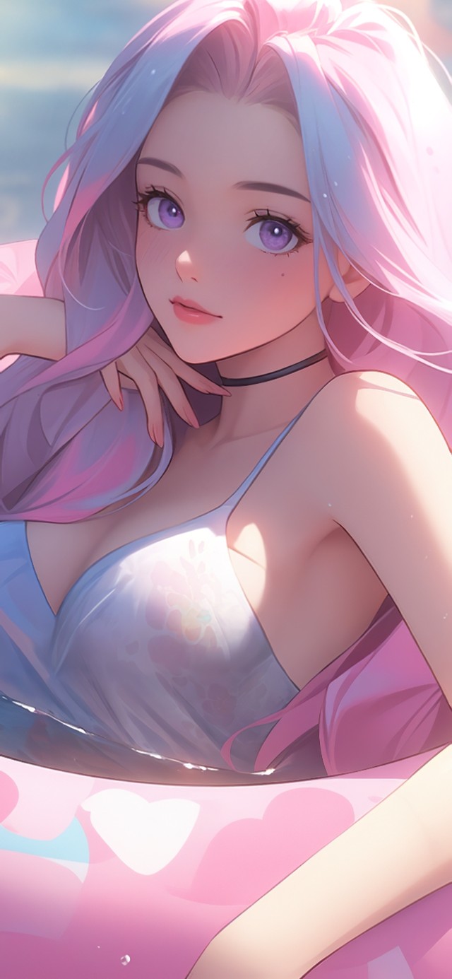 清凉夏日泳池少女