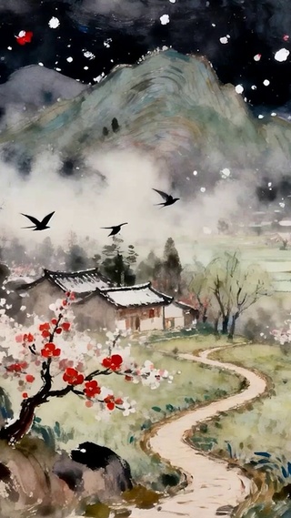 雪景古风树木河流景色