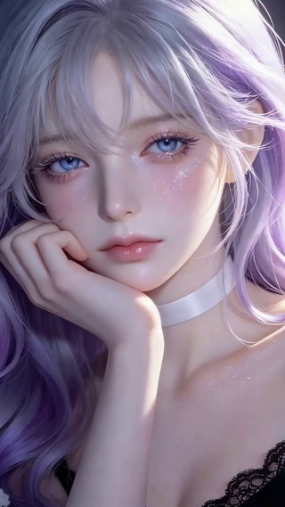 绣球花丛中的紫发少女