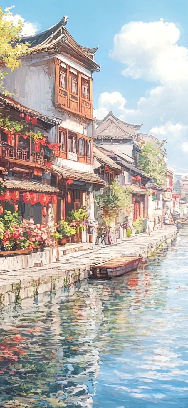 夏日清新水乡小镇建筑