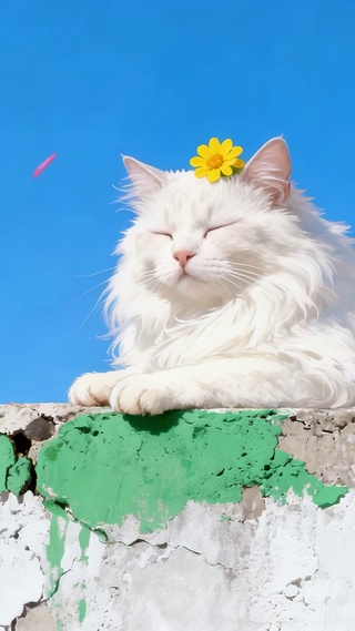 蓝天白云小清新猫咪午后惬意时光
