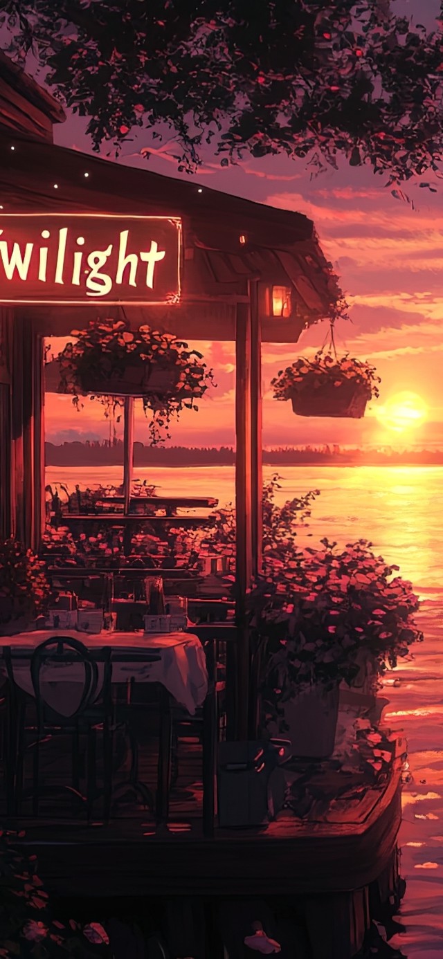 晚霞中的海边酒馆